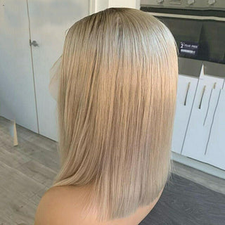 SHOULDER Length | 14-16 Inch | 360 Lace | Ponytail | Dark Roots | Ombre | 180 Density | Straight Hair | Golden Blonde Human Hair |