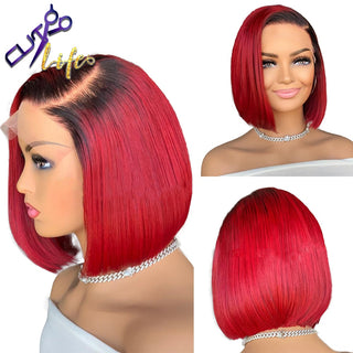 SHOULDER Length | 14-16 Inch | Ombre | 250 Density | Straight Hair | Hot Red with Black Roots Human Hair |